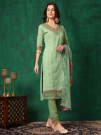 Embroidered Chikankari Kurta With Pant & Printed Dupatta, Green - Hiral Fashion | Grocsy
