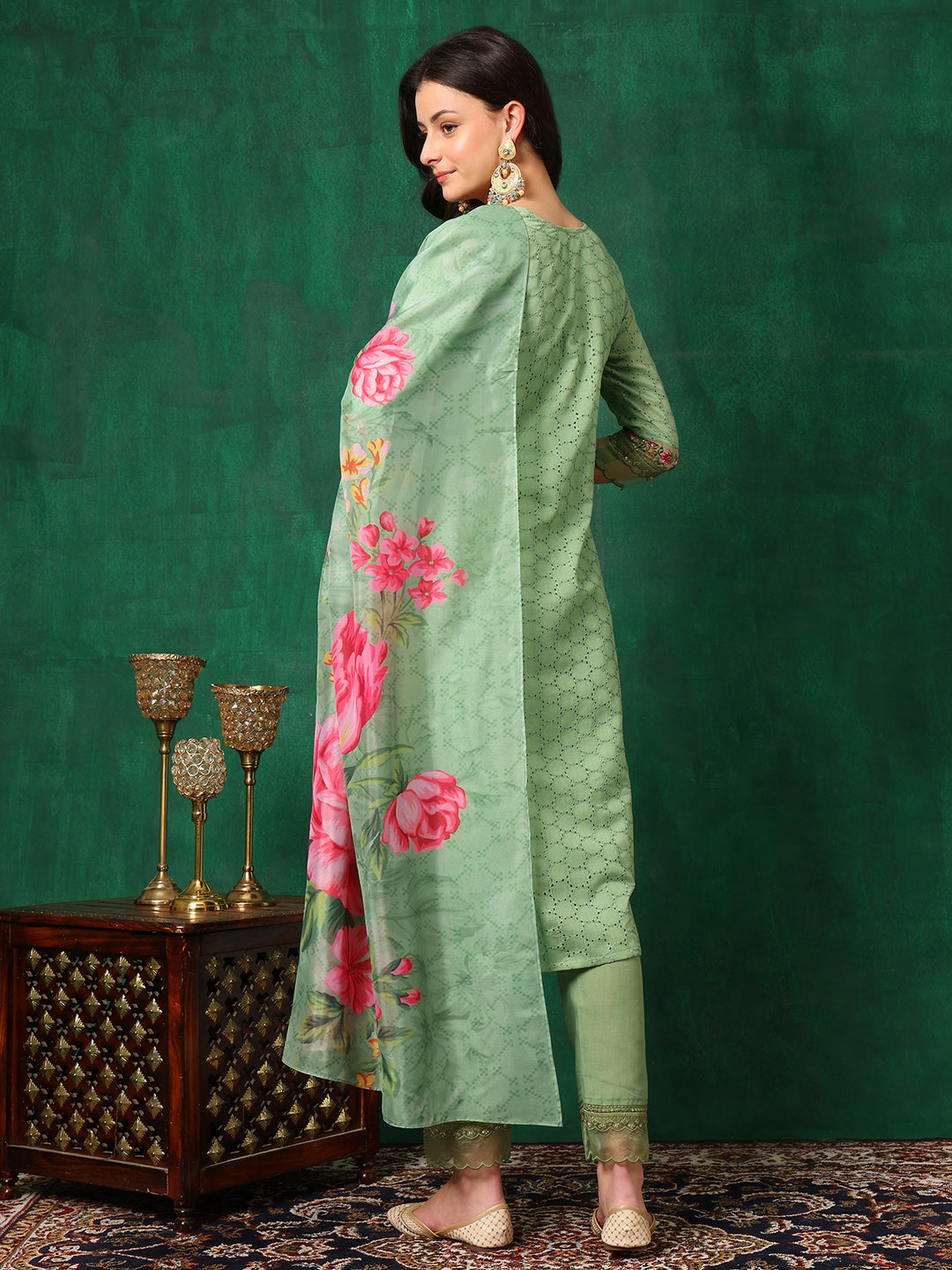 Embroidered Chikankari Kurta With Pant & Printed Dupatta, Green - Hiral Fashion | Grocsy