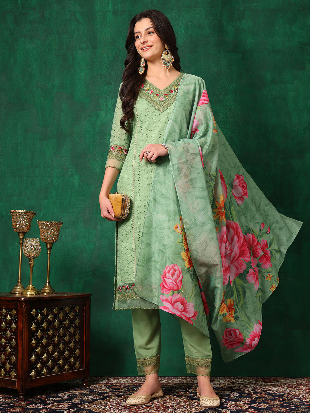 Embroidered Chikankari Kurta With Pant & Printed Dupatta, Green - Hiral Fashion | Grocsy