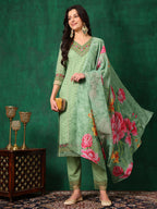 Embroidered Chikankari Kurta With Pant & Printed Dupatta, Green - Hiral Fashion | Grocsy