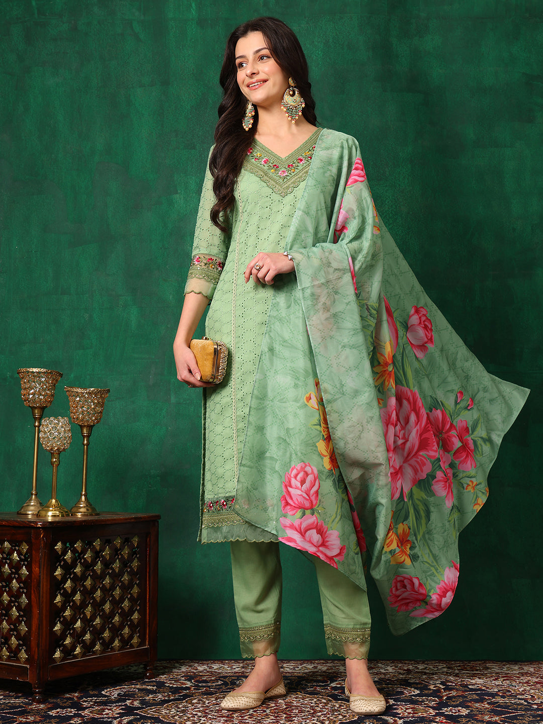 Embroidered Chikankari Kurta With Pant & Printed Dupatta, Green - Hiral Fashion | Grocsy