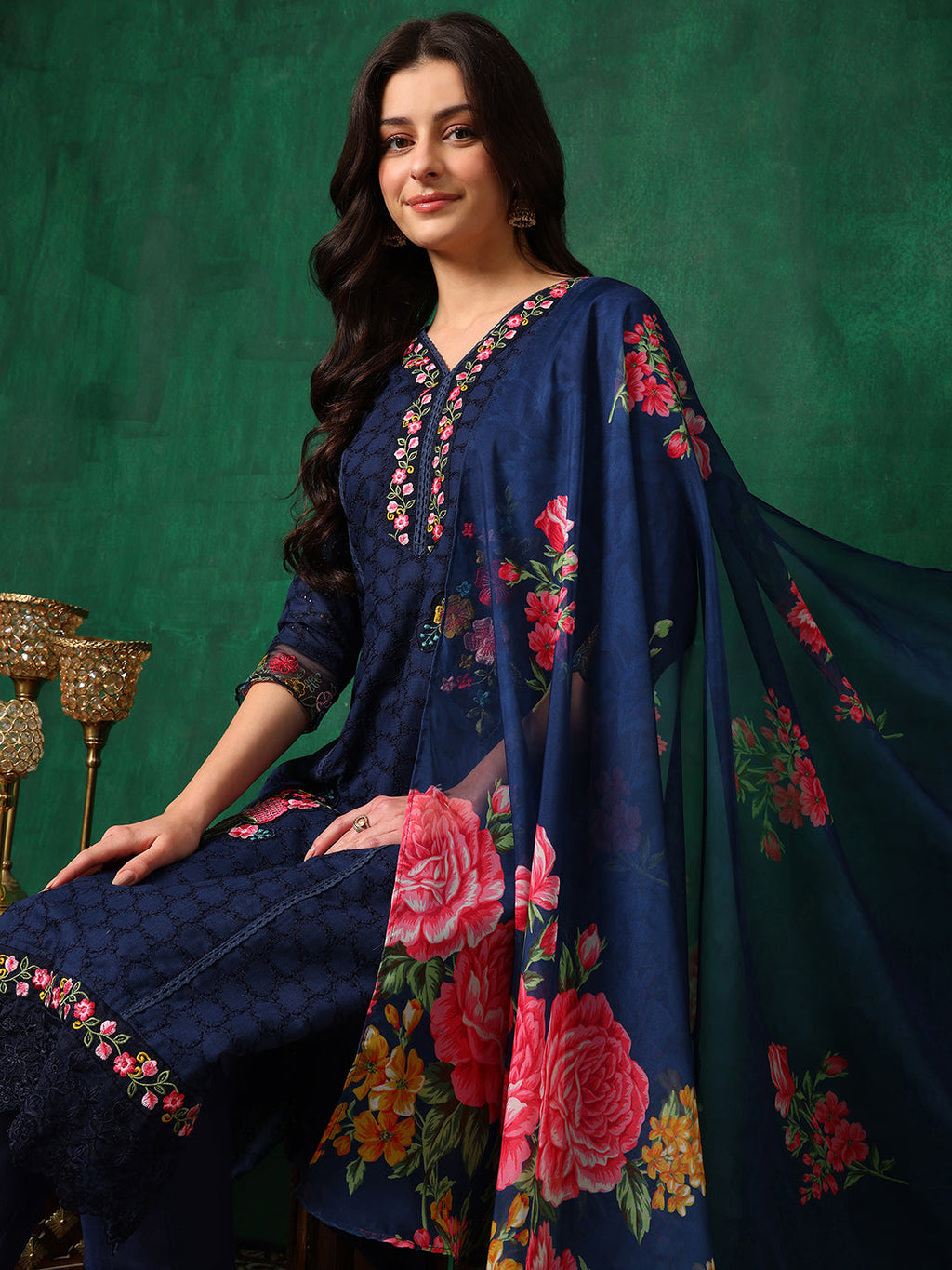 Applique Placement Embroidered Kurta With Pant & Dupatta, Navy Blue - Hiral Fashion | Grocsy