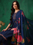 Applique Placement Embroidered Kurta With Pant & Dupatta, Navy Blue - Hiral Fashion | Grocsy