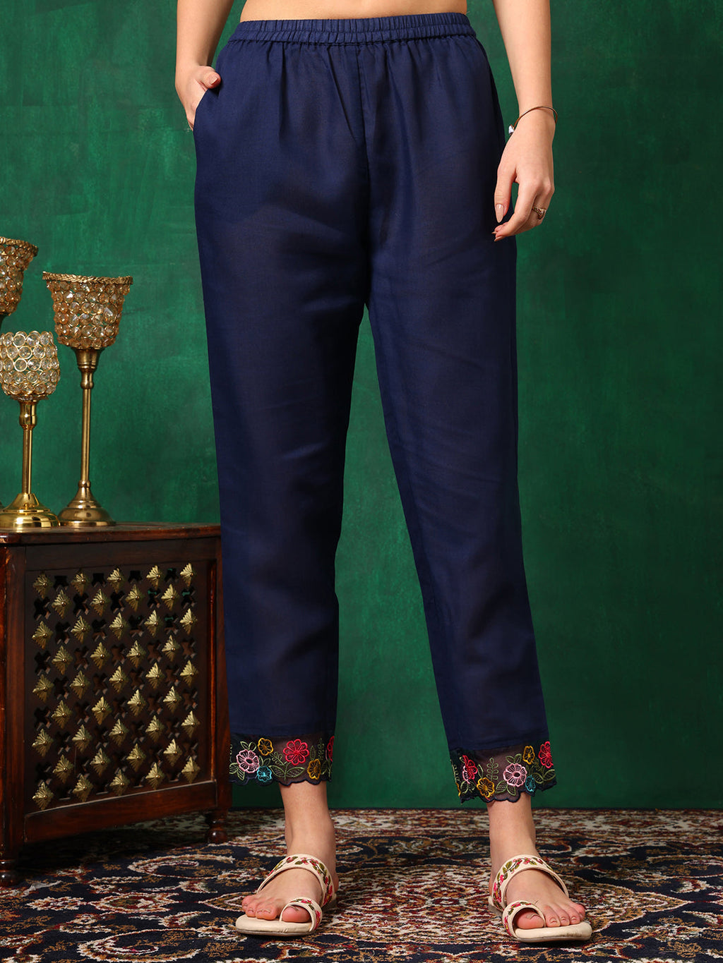 Applique Placement Embroidered Kurta With Pant & Dupatta, Navy Blue - Hiral Fashion | Grocsy