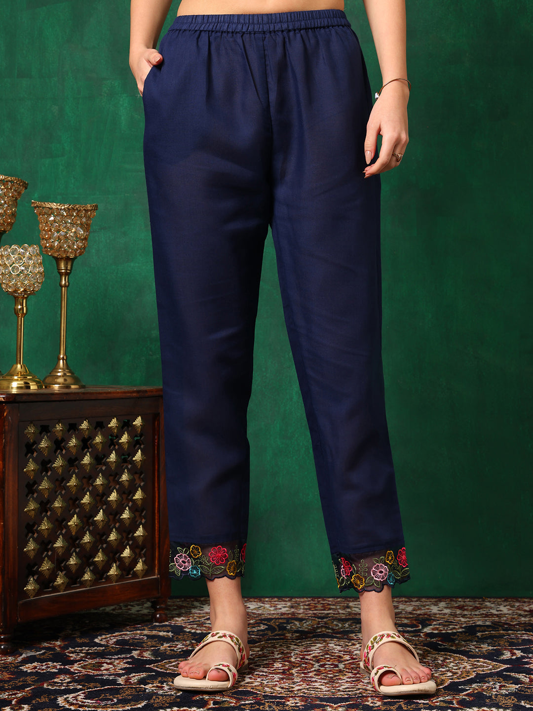 Applique Placement Embroidered Kurta With Pant & Dupatta, Navy Blue - Hiral Fashion | Grocsy