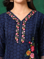 Applique Placement Embroidered Kurta With Pant & Dupatta, Navy Blue - Hiral Fashion | Grocsy