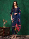 Applique Placement Embroidered Kurta With Pant & Dupatta, Navy Blue - Hiral Fashion | Grocsy