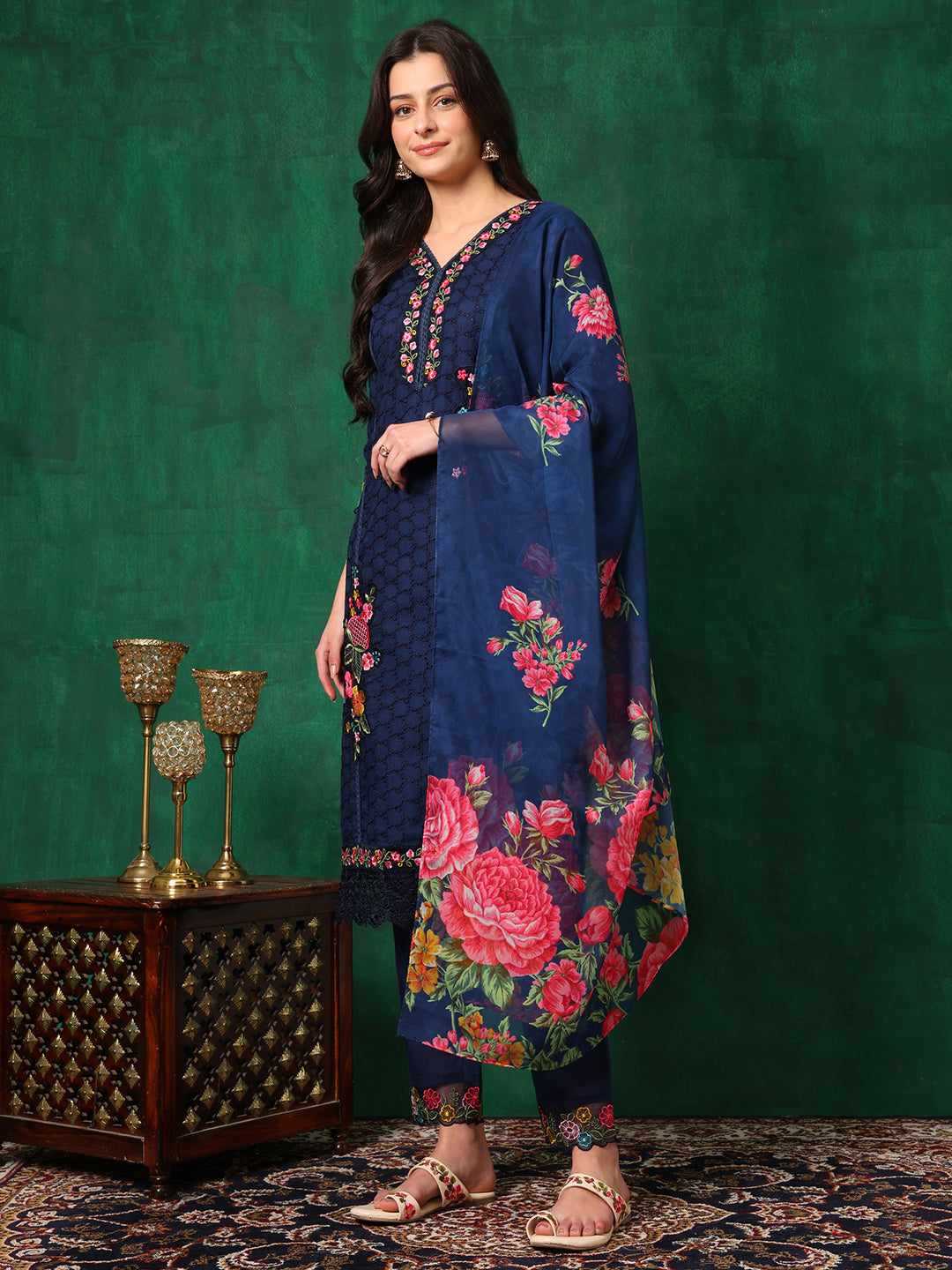Applique Placement Embroidered Kurta With Pant & Dupatta, Navy Blue - Hiral Fashion | Grocsy