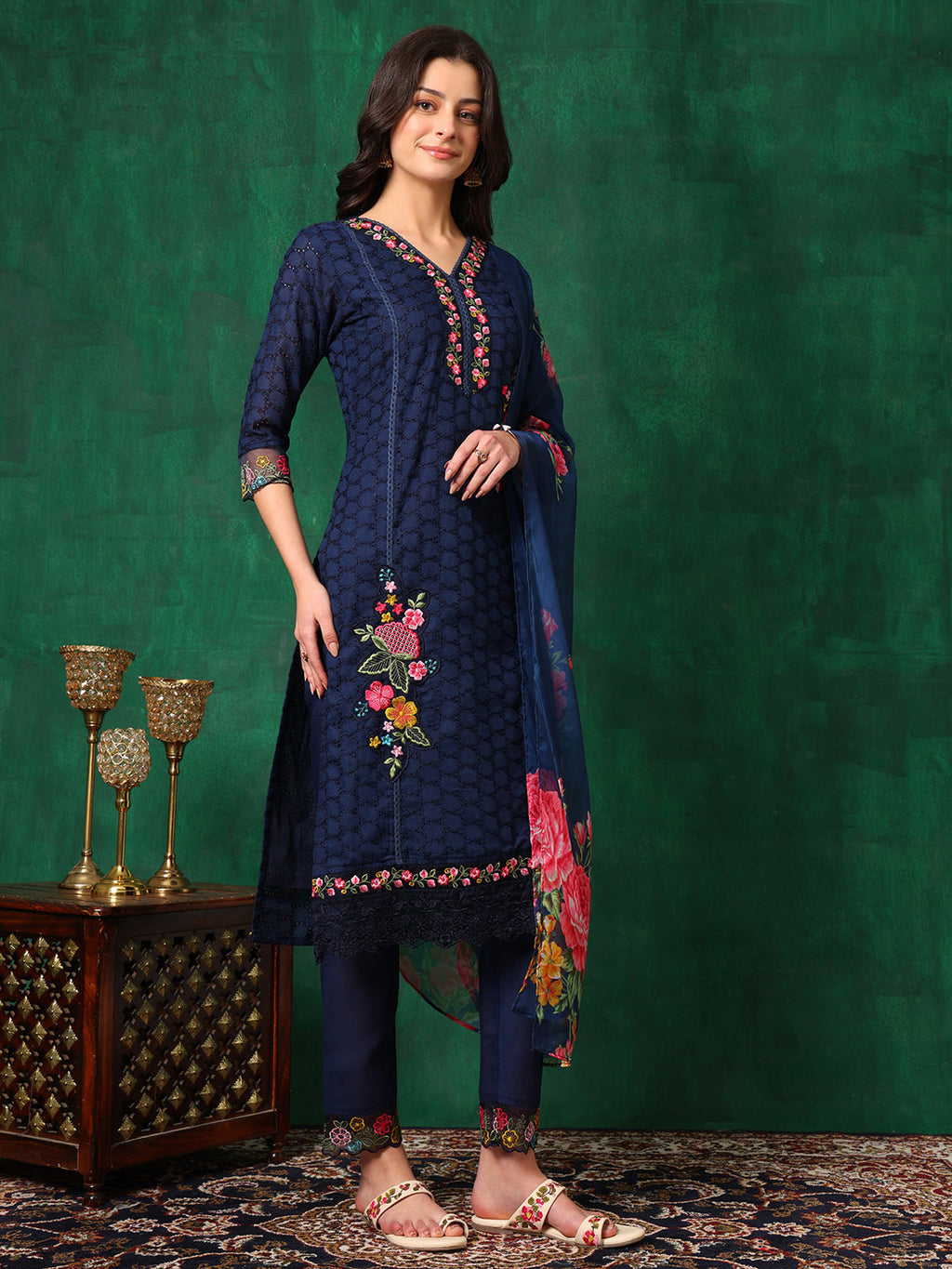 Applique Placement Embroidered Kurta With Pant & Dupatta, Navy Blue - Hiral Fashion | Grocsy