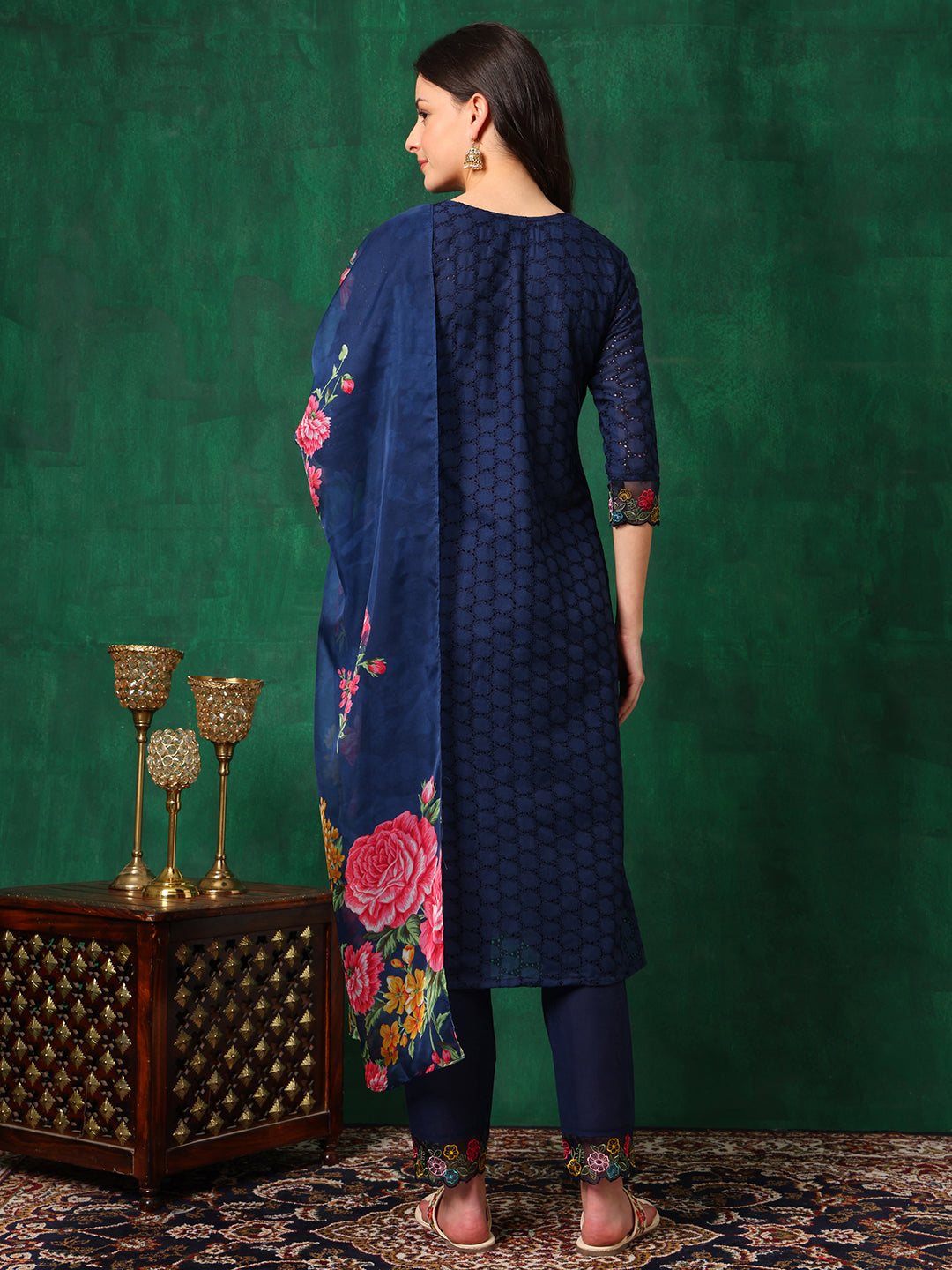 Applique Placement Embroidered Kurta With Pant & Dupatta, Navy Blue - Hiral Fashion | Grocsy