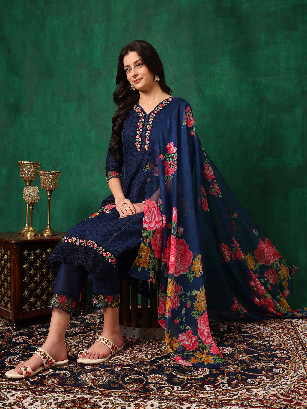 Applique Placement Embroidered Kurta With Pant & Dupatta, Navy Blue - Hiral Fashion | Grocsy