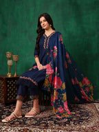 Applique Placement Embroidered Kurta With Pant & Dupatta, Navy Blue - Hiral Fashion | Grocsy