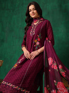 Applique Placement Embroidered Kurta With Pant & Dupatta, Wine - Hiral Fashion | Grocsy