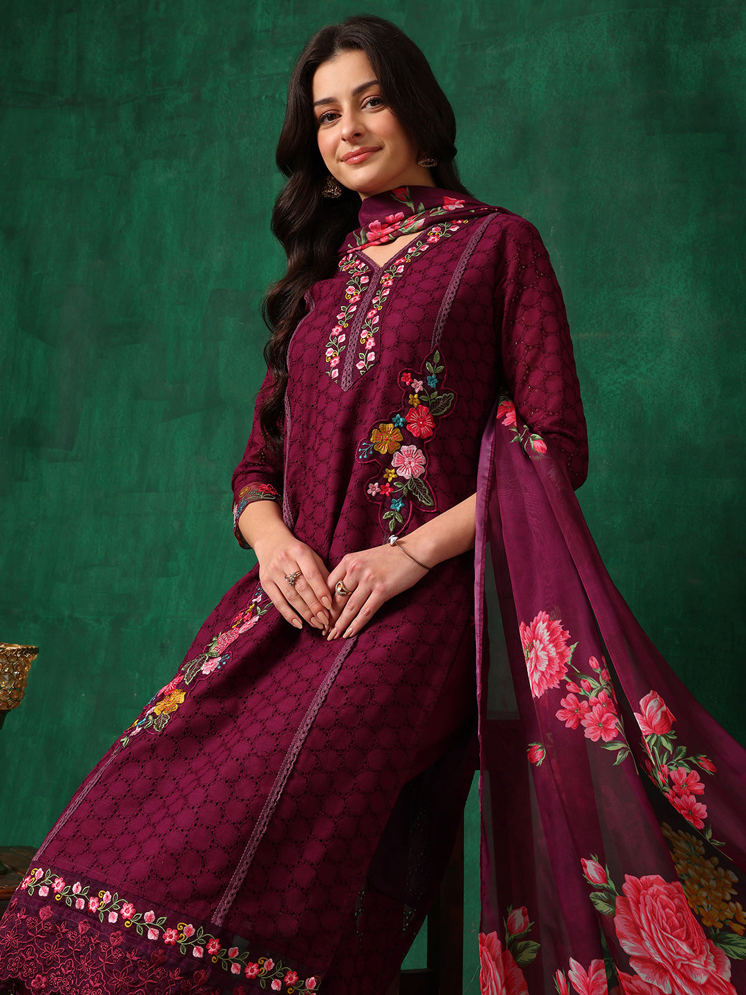 Applique Placement Embroidered Kurta With Pant & Dupatta, Wine - Hiral Fashion | Grocsy