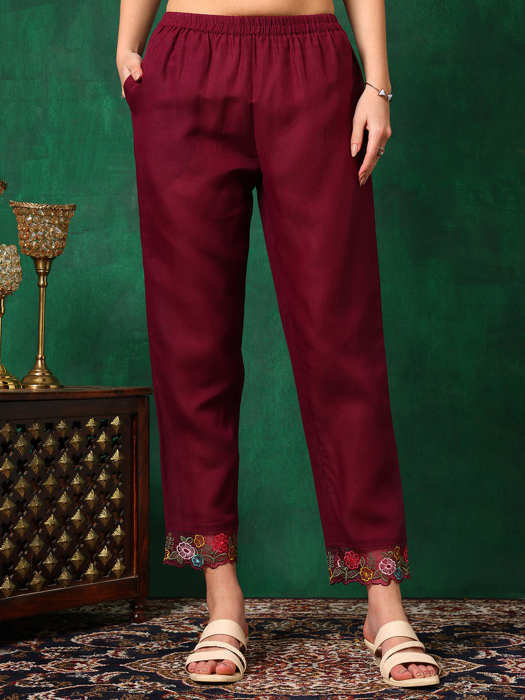 Applique Placement Embroidered Kurta With Pant & Dupatta, Wine - Hiral Fashion | Grocsy