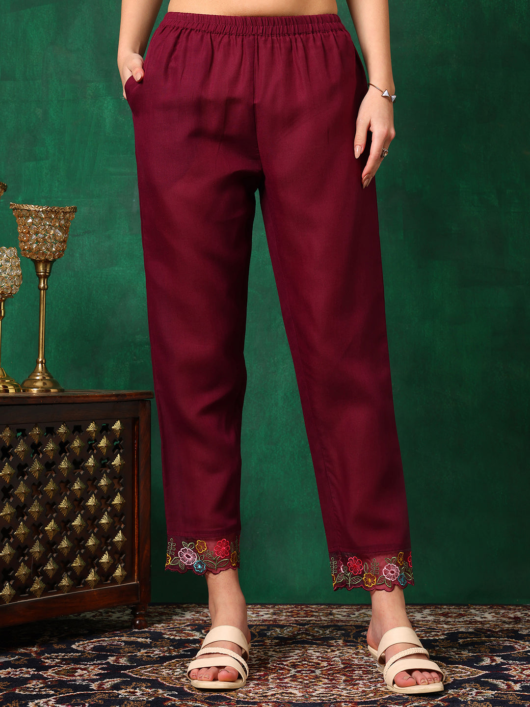 Applique Placement Embroidered Kurta With Pant & Dupatta, Wine - Hiral Fashion | Grocsy