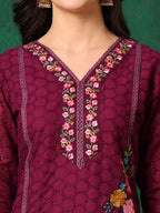 Applique Placement Embroidered Kurta With Pant & Dupatta, Wine - Hiral Fashion | Grocsy
