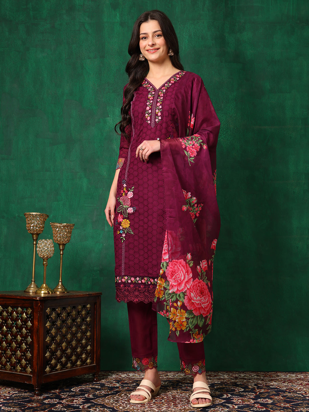 Applique Placement Embroidered Kurta With Pant & Dupatta, Wine - Hiral Fashion | Grocsy