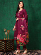 Applique Placement Embroidered Kurta With Pant & Dupatta, Wine - Hiral Fashion | Grocsy