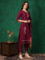 Applique Placement Embroidered Kurta With Pant & Dupatta, Wine - Hiral Fashion | Grocsy