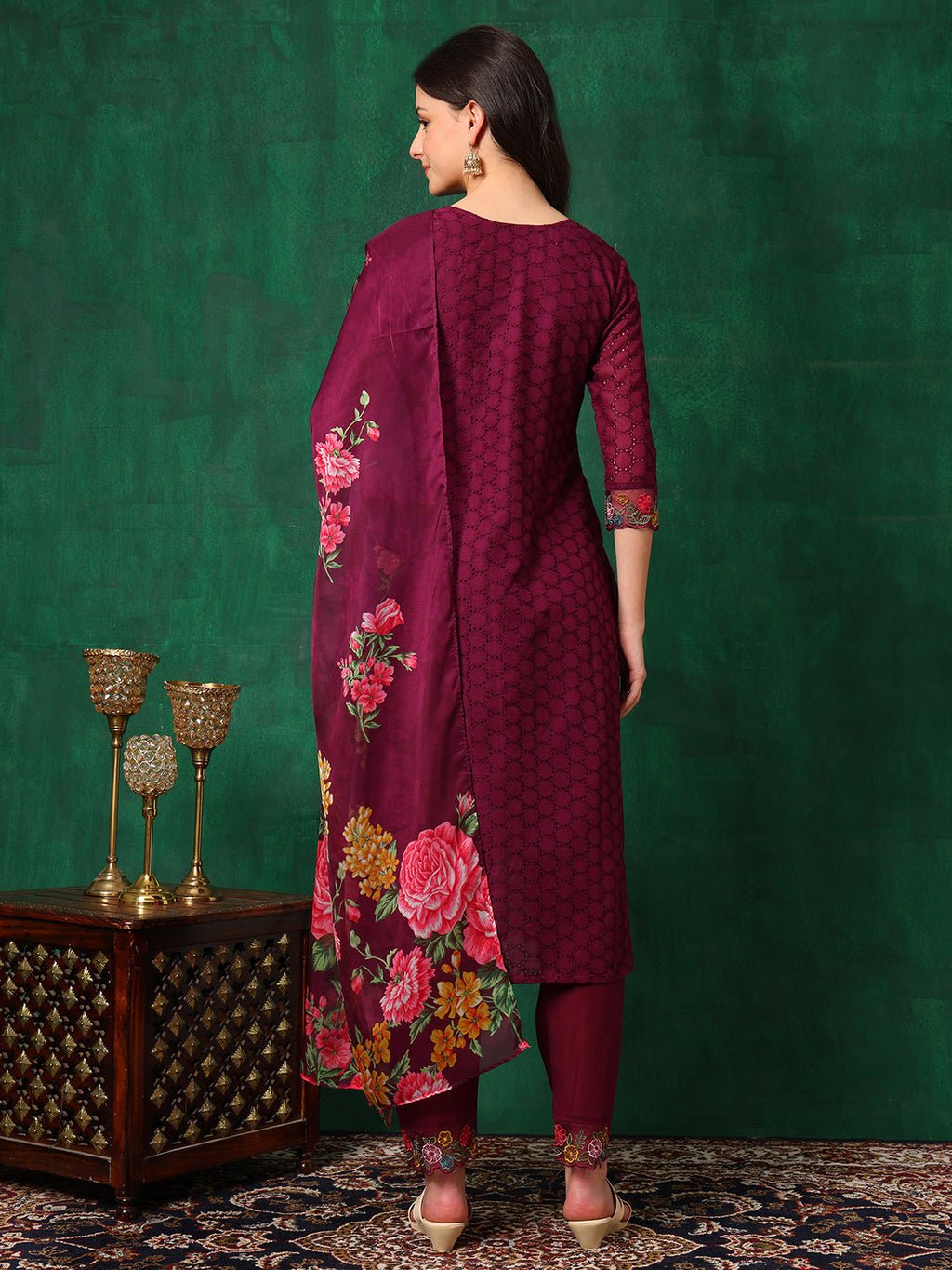Applique Placement Embroidered Kurta With Pant & Dupatta, Wine - Hiral Fashion | Grocsy