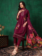 Applique Placement Embroidered Kurta With Pant & Dupatta, Wine - Hiral Fashion | Grocsy