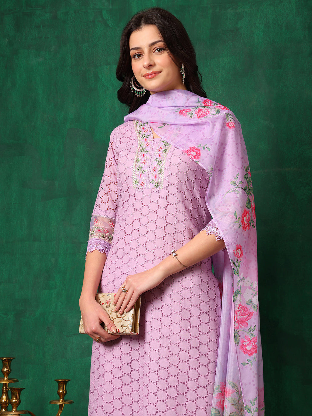 Embroidered Chikankari Kurta With Pant & Dupatta, Lavender - Hiral Fashion | Grocsy