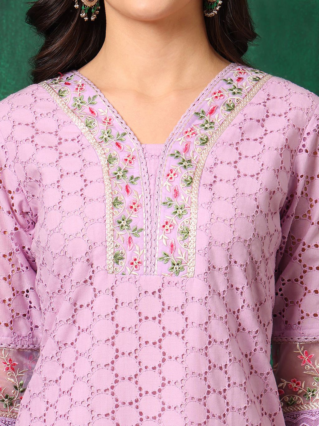 Embroidered Chikankari Kurta With Pant & Dupatta, Lavender - Hiral Fashion | Grocsy