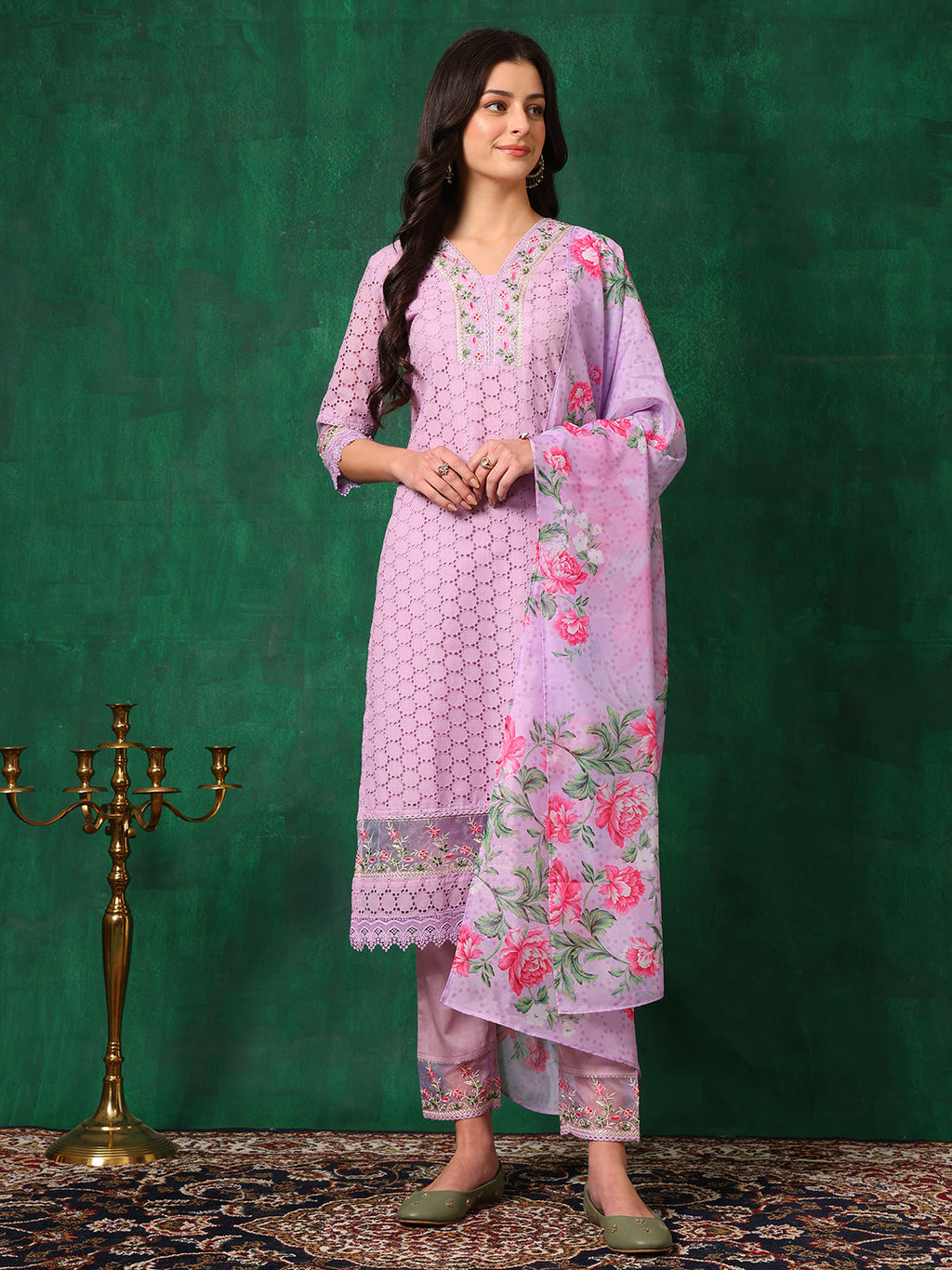 Embroidered Chikankari Kurta With Pant & Dupatta, Lavender - Hiral Fashion | Grocsy