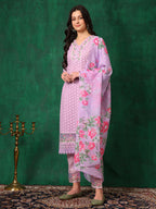 Embroidered Chikankari Kurta With Pant & Dupatta, Lavender - Hiral Fashion | Grocsy