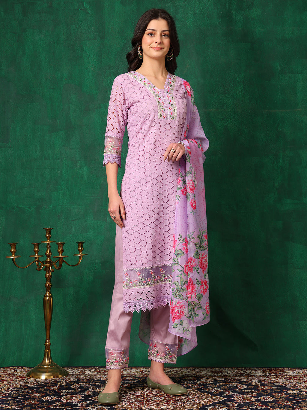 Embroidered Chikankari Kurta With Pant & Dupatta, Lavender - Hiral Fashion | Grocsy