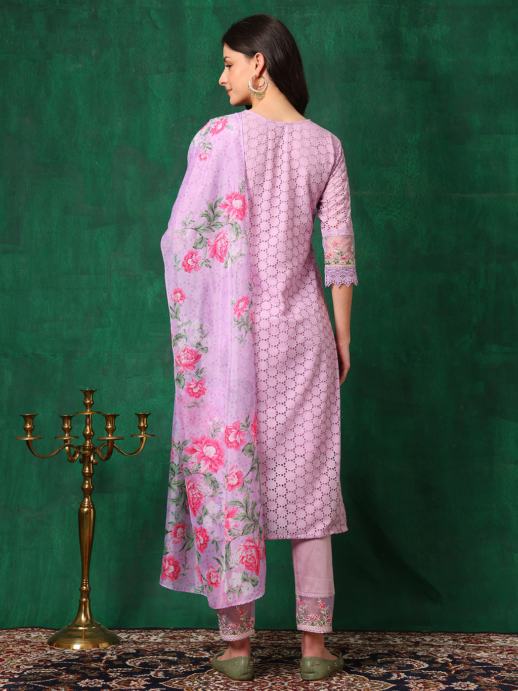 Embroidered Chikankari Kurta With Pant & Dupatta, Lavender - Hiral Fashion | Grocsy