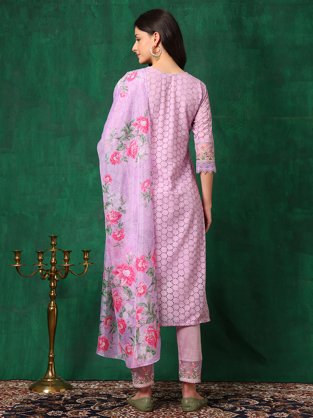Embroidered Chikankari Kurta With Pant & Dupatta, Lavender - Hiral Fashion | Grocsy