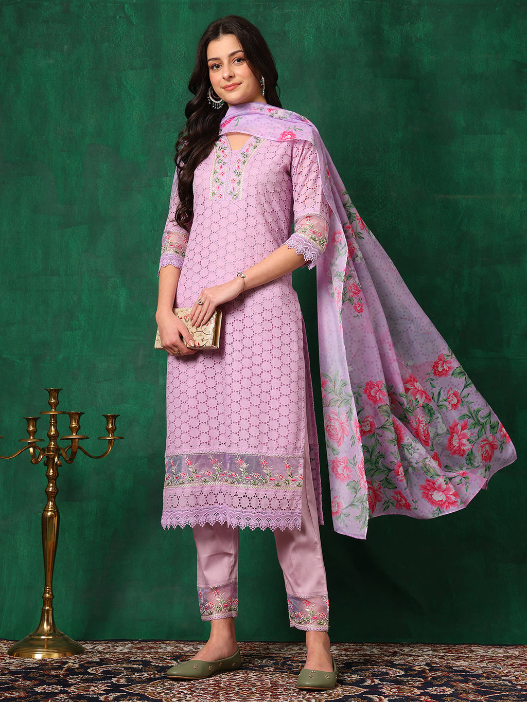 Embroidered Chikankari Kurta With Pant & Dupatta, Lavender - Hiral Fashion | Grocsy