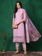 Embroidered Chikankari Kurta With Pant & Dupatta, Lavender - Hiral Fashion | Grocsy