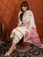 Chikankari & Embroidered Kurta With Pant & Floral Printed Dupatta, Cream - Hiral Fashion | Grocsy