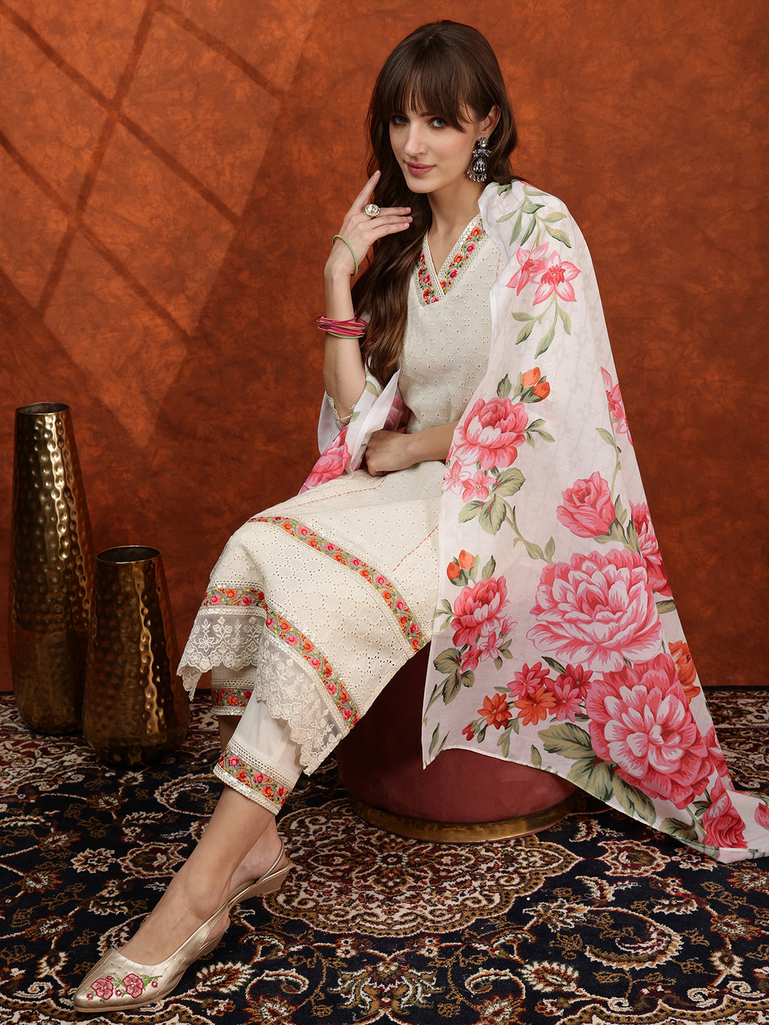 Chikankari & Embroidered Kurta With Pant & Floral Printed Dupatta, Cream - Hiral Fashion | Grocsy