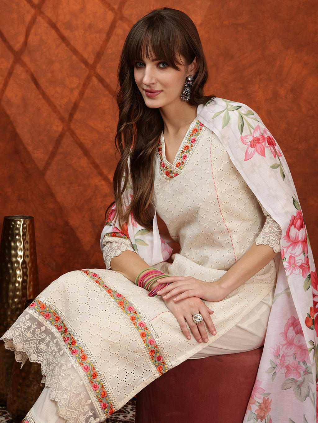 Chikankari & Embroidered Kurta With Pant & Floral Printed Dupatta, Cream - Hiral Fashion | Grocsy