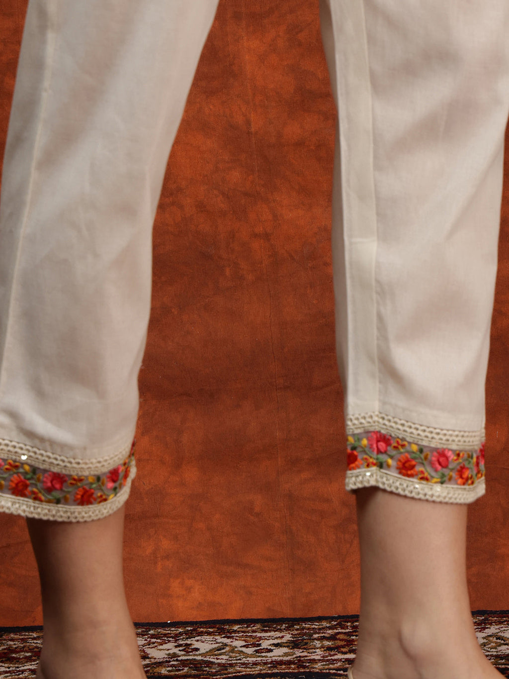 Chikankari & Embroidered Kurta With Pant & Floral Printed Dupatta, Cream - Hiral Fashion | Grocsy