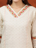 Chikankari & Embroidered Kurta With Pant & Floral Printed Dupatta, Cream - Hiral Fashion | Grocsy