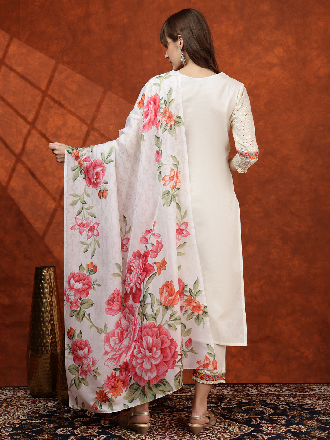 Chikankari & Embroidered Kurta With Pant & Floral Printed Dupatta, Cream - Hiral Fashion | Grocsy