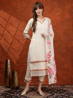 Chikankari & Embroidered Kurta With Pant & Floral Printed Dupatta, Cream - Hiral Fashion | Grocsy