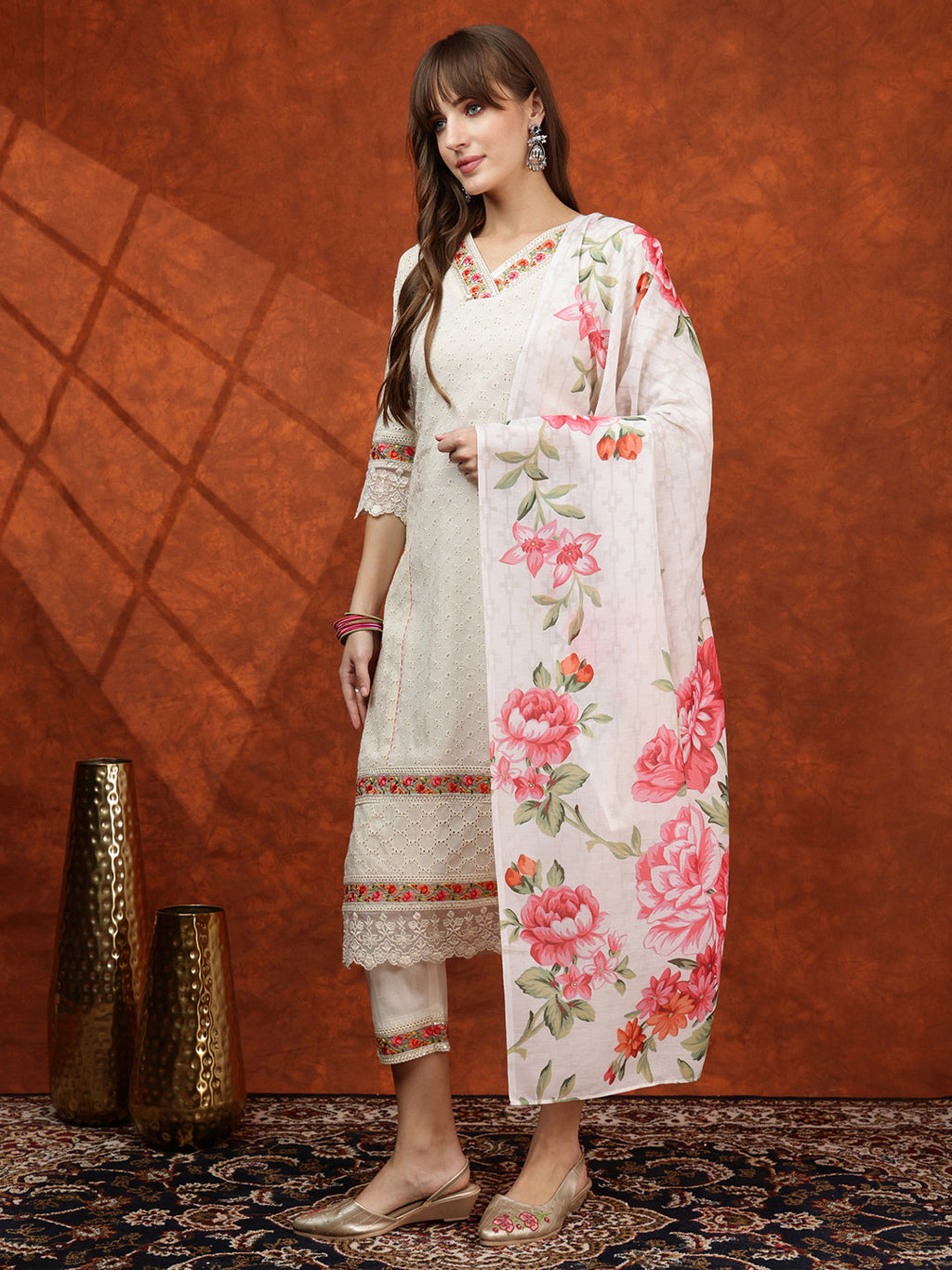 Chikankari & Embroidered Kurta With Pant & Floral Printed Dupatta, Cream - Hiral Fashion | Grocsy