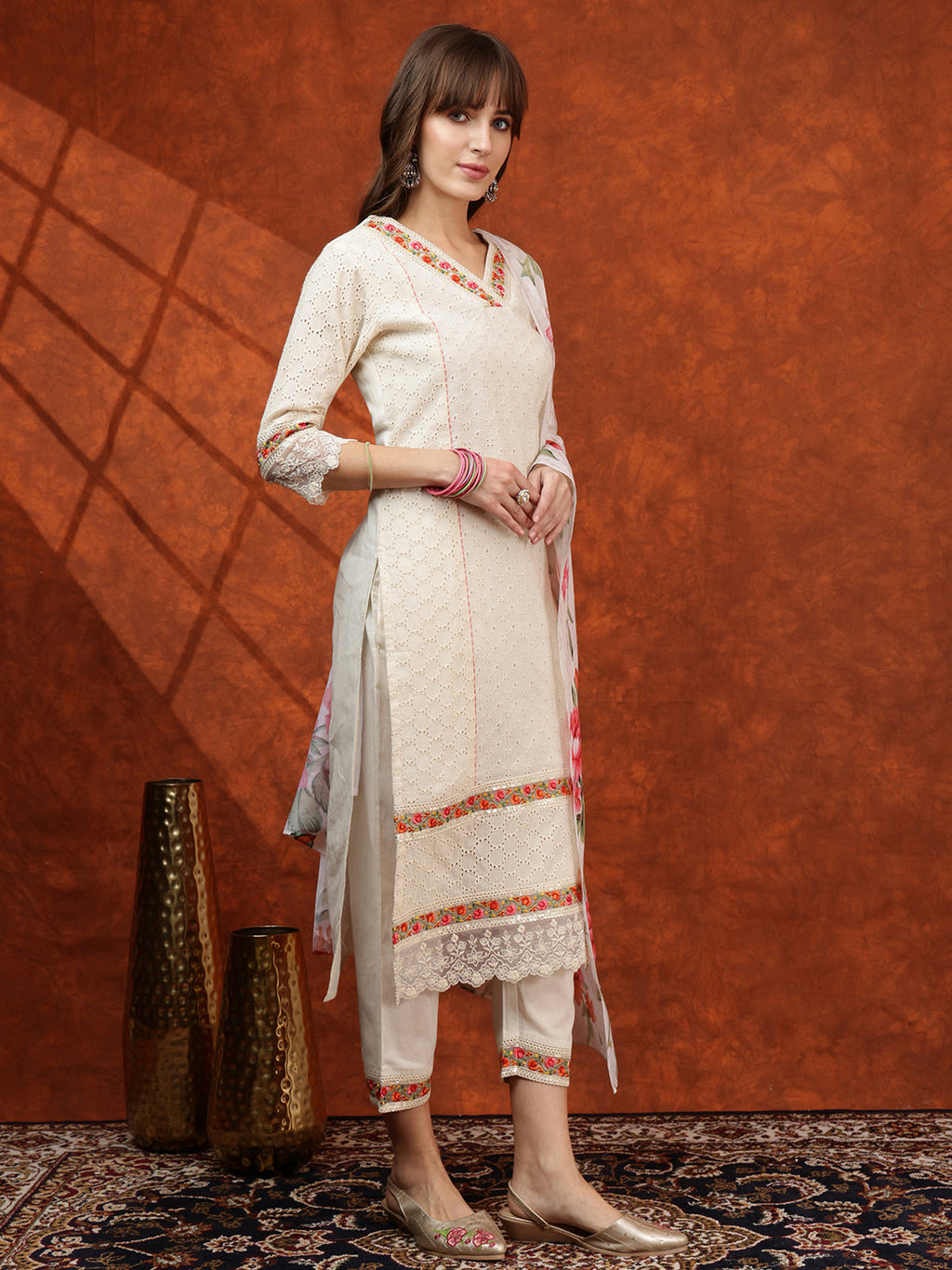 Chikankari & Embroidered Kurta With Pant & Floral Printed Dupatta, Cream - Hiral Fashion | Grocsy