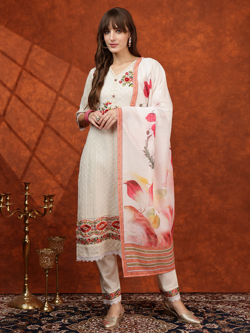Hand Embroidered & Chikankari Kurta With Pant & Floral Printed Dupatta, Cream - Hiral Fashion | Grocsy