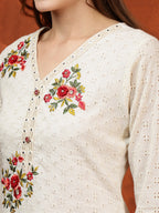 Hand Embroidered & Chikankari Kurta With Pant & Floral Printed Dupatta, Cream - Hiral Fashion | Grocsy
