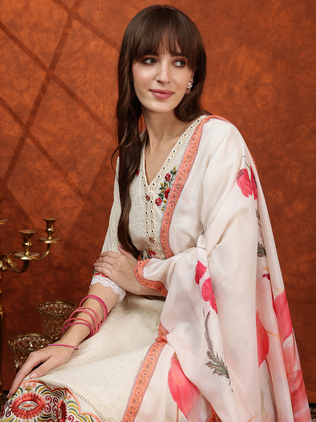 Hand Embroidered & Chikankari Kurta With Pant & Floral Printed Dupatta, Cream - Hiral Fashion | Grocsy