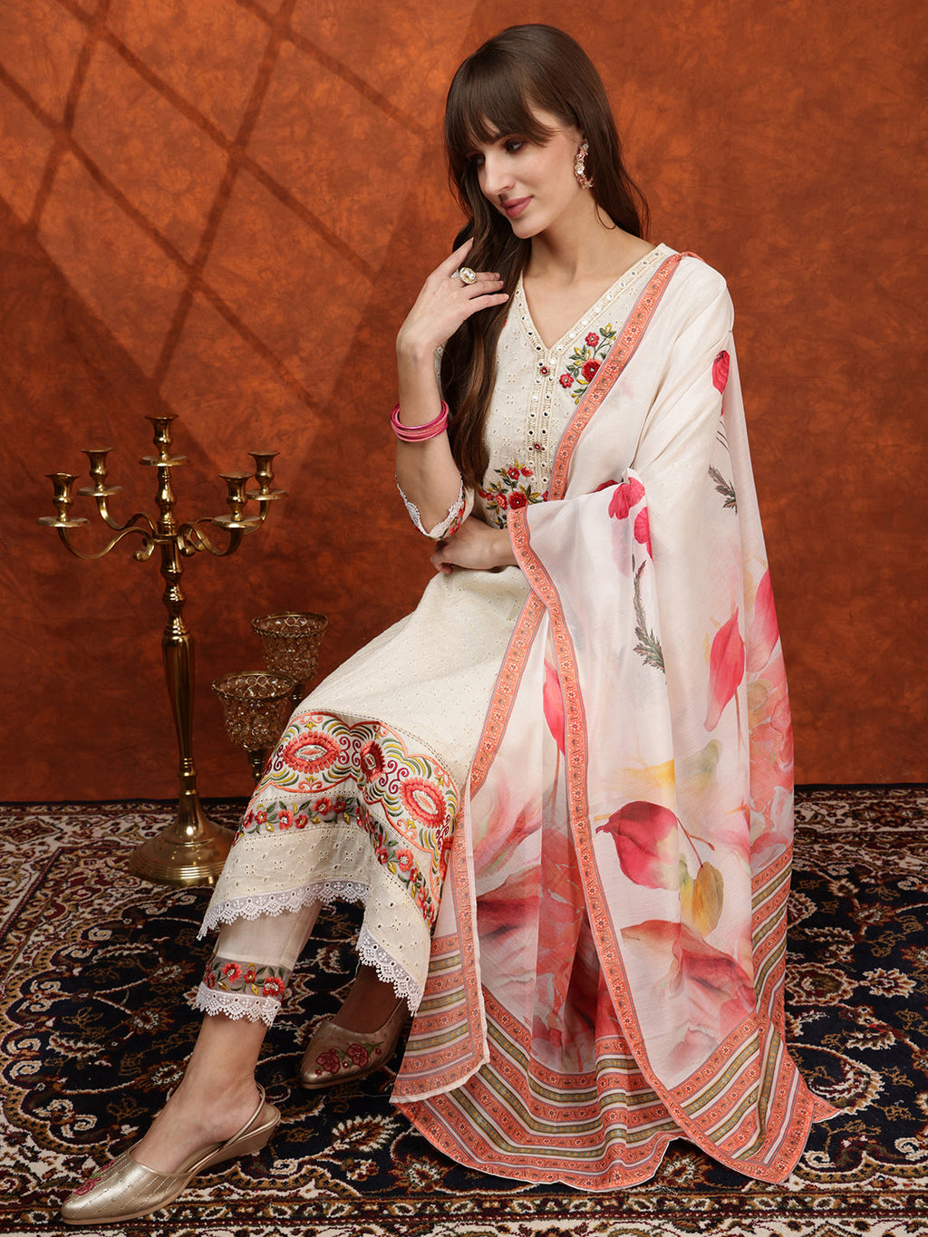 Hand Embroidered & Chikankari Kurta With Pant & Floral Printed Dupatta, Cream - Hiral Fashion | Grocsy