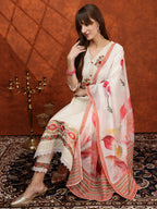 Hand Embroidered & Chikankari Kurta With Pant & Floral Printed Dupatta, Cream - Hiral Fashion | Grocsy