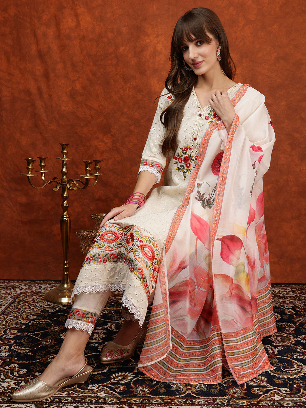 Hand Embroidered & Chikankari Kurta With Pant & Floral Printed Dupatta, Cream - Hiral Fashion | Grocsy